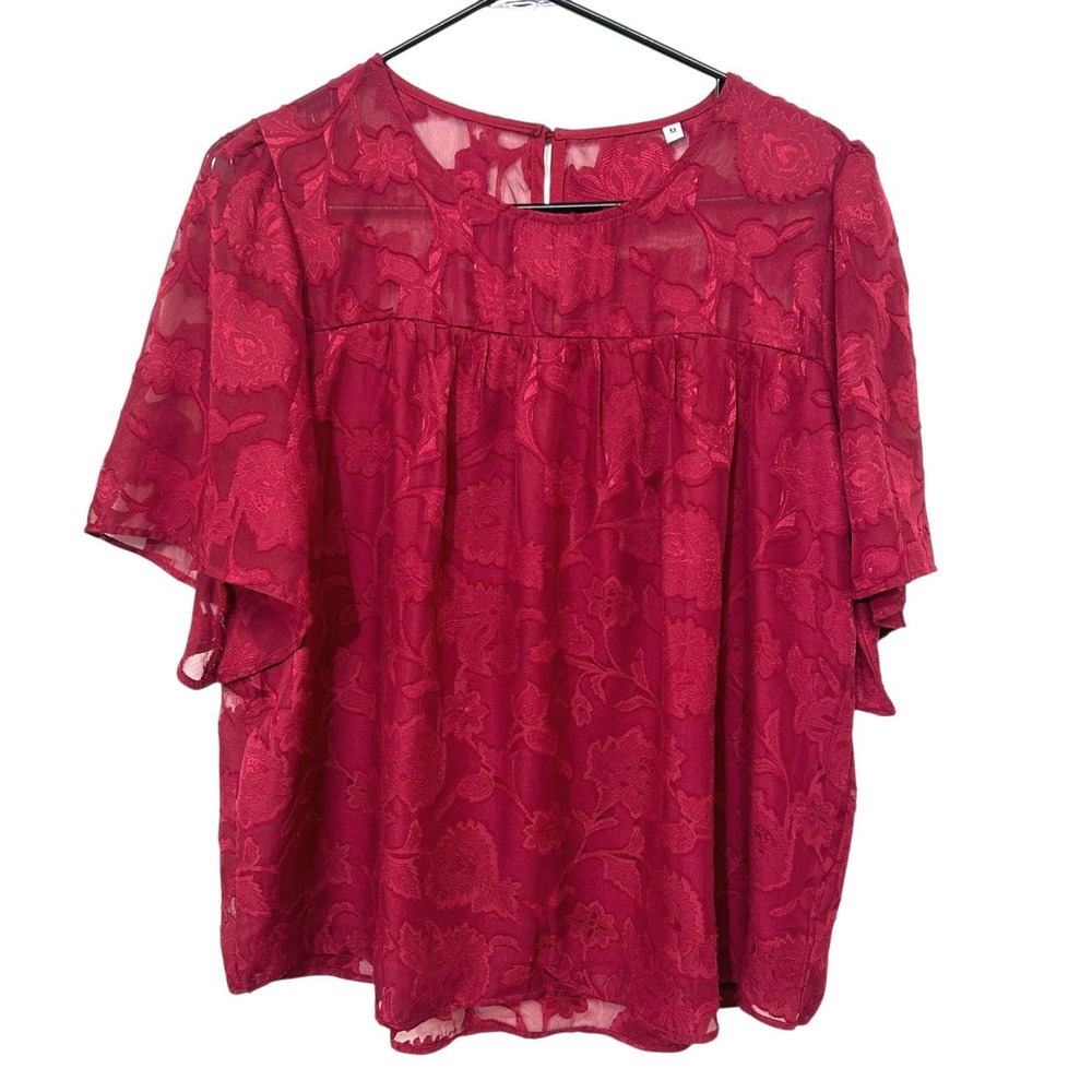 Floral Lace Sheer Flutter‎ Sleeve Blouse M Burgundy Red Romantic Feminine